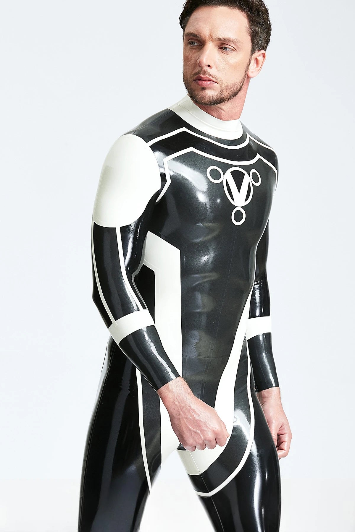 Metallic Pewter Male 'Trident' Back Zip Latex Catsuit