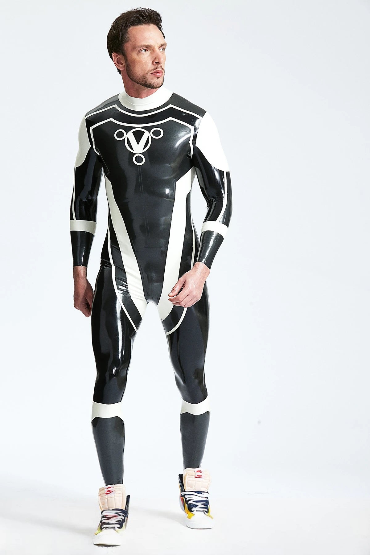 Metallic Pewter Male 'Trident' Back Zip Latex Catsuit