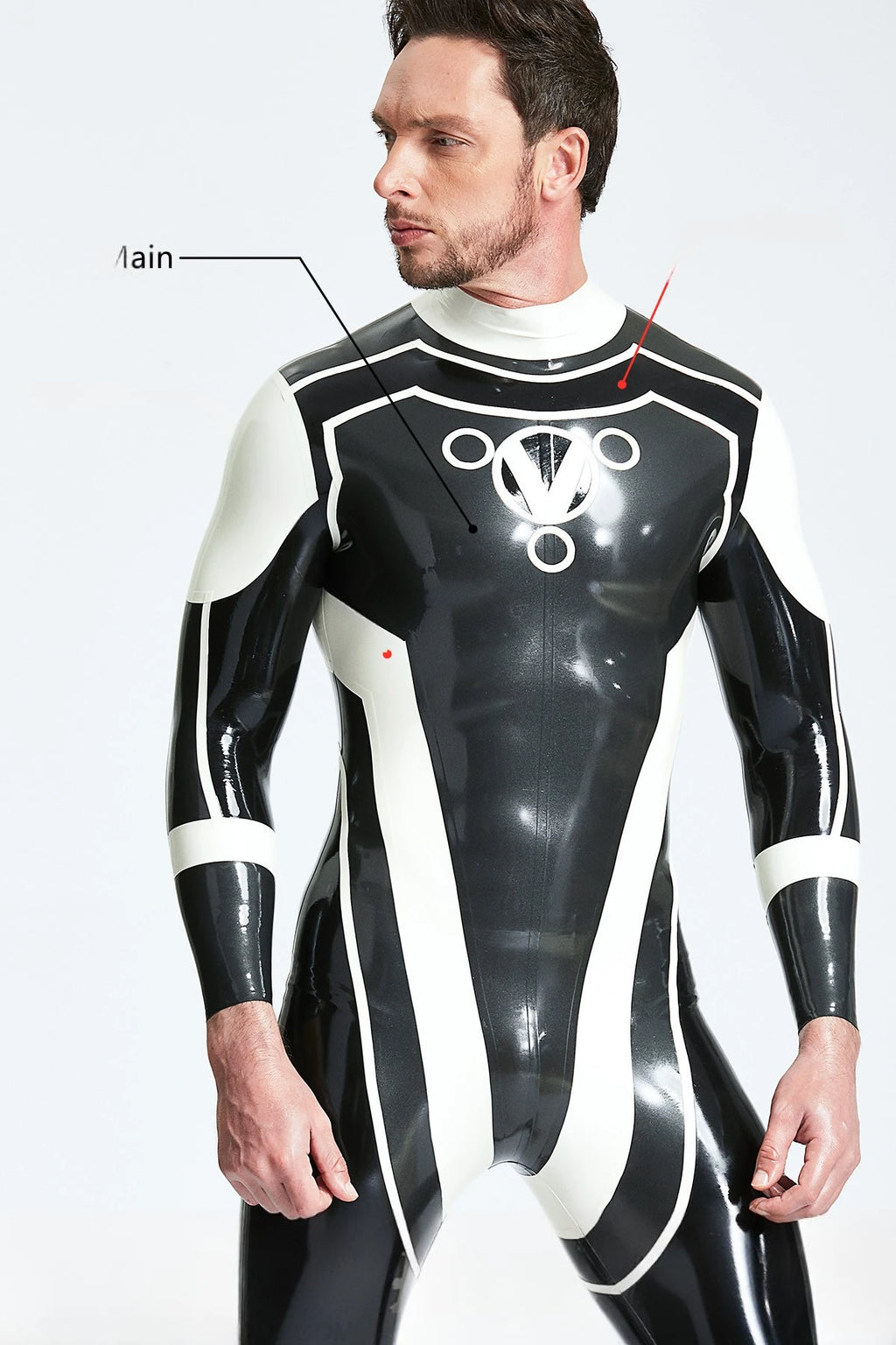 Metallic Pewter Male 'Trident' Back Zip Latex Catsuit