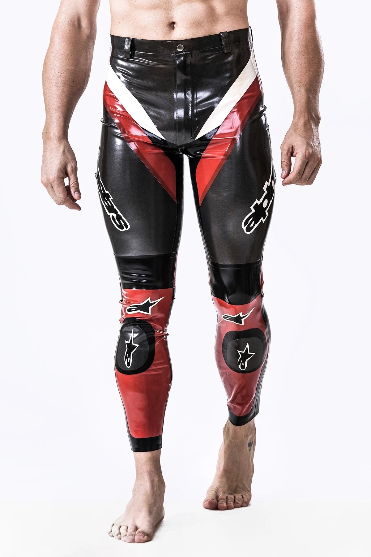 Metallic Pewter Male Latex Motorcycle Branding Pants