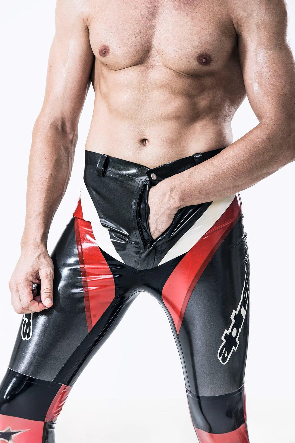 Metallic Pewter Male Latex Motorcycle Branding Pants