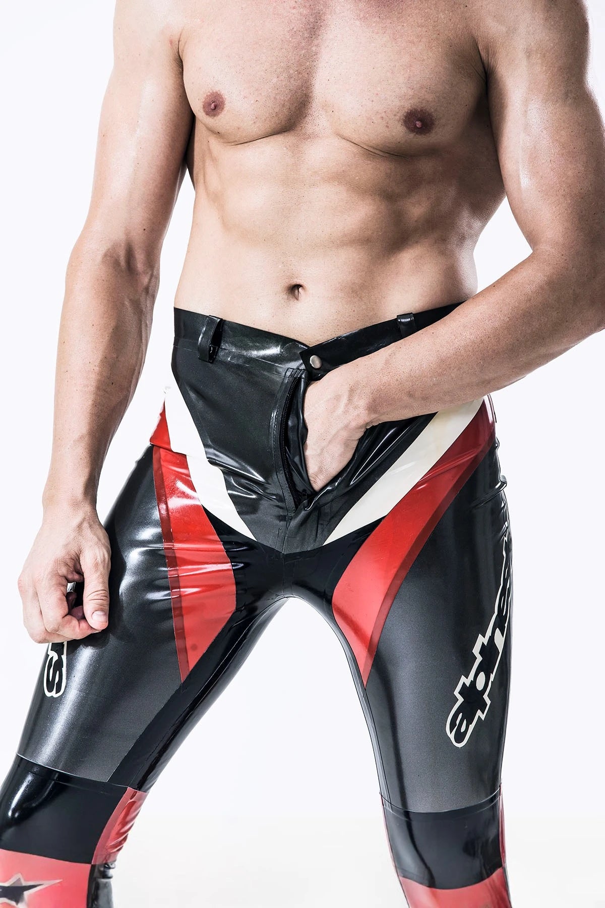 Metallic Pewter Male Latex Motorcycle Branding Pants