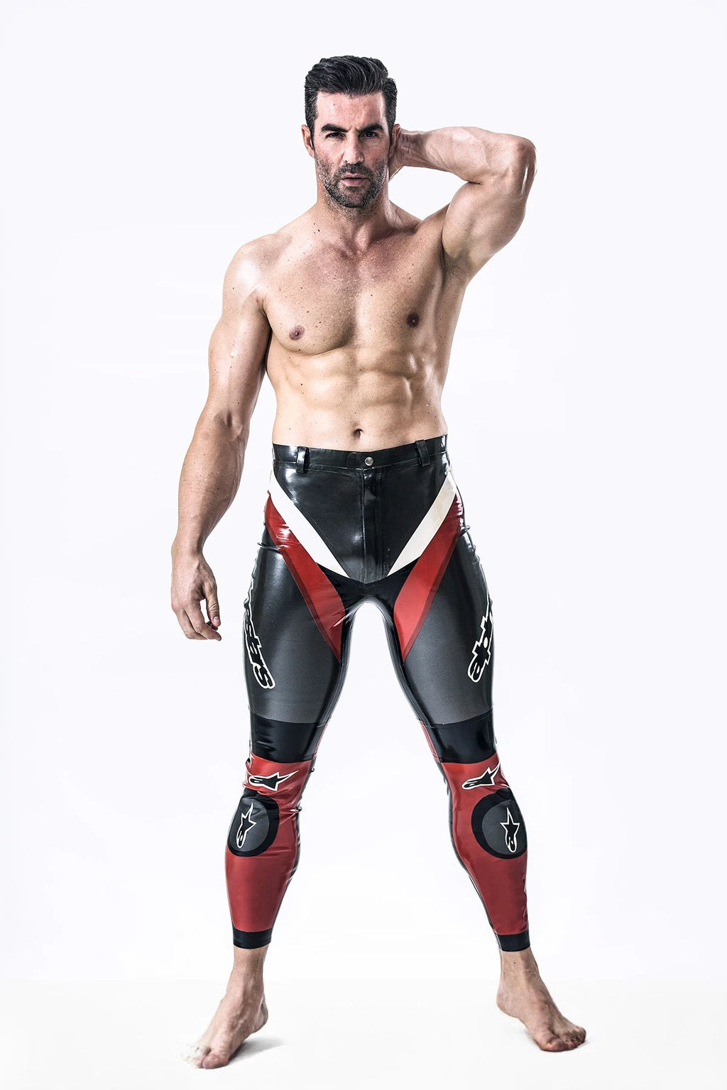 Metallic Pewter Male Latex Motorcycle Branding Pants