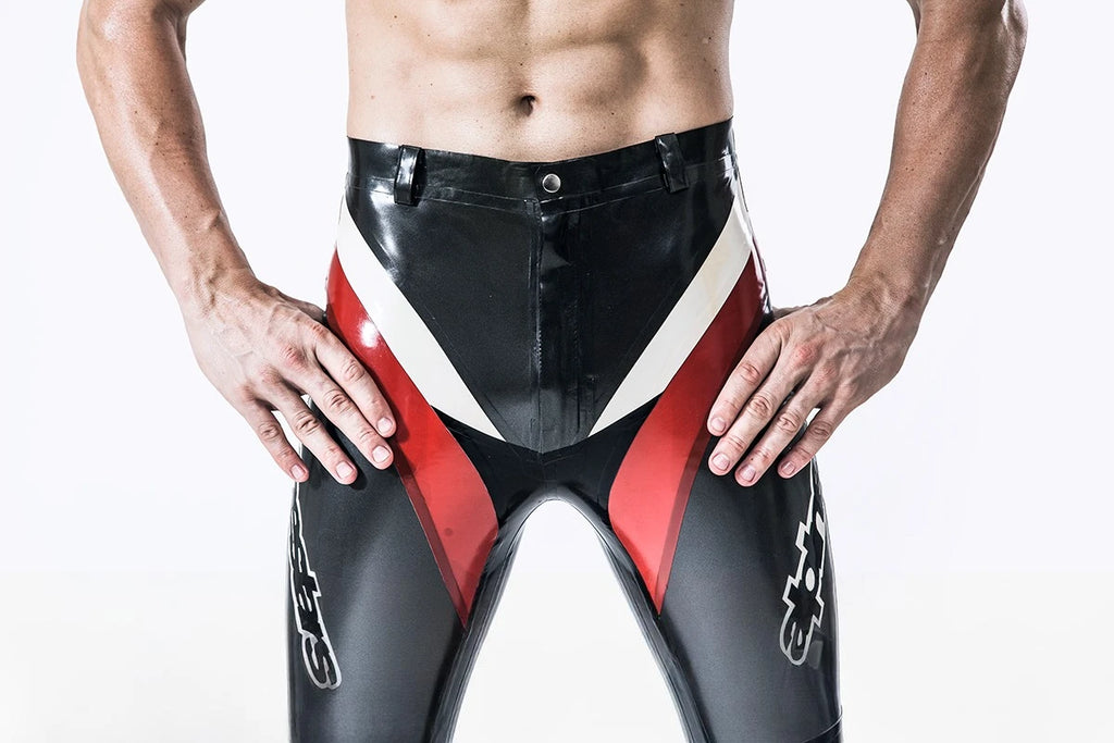 Metallic Pewter Male Latex Motorcycle Branding Pants
