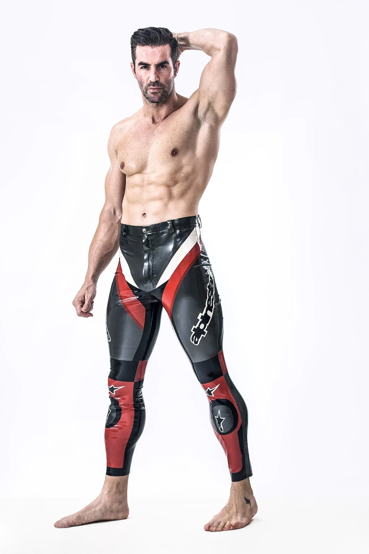 Metallic Pewter Male Latex Motorcycle Branding Pants