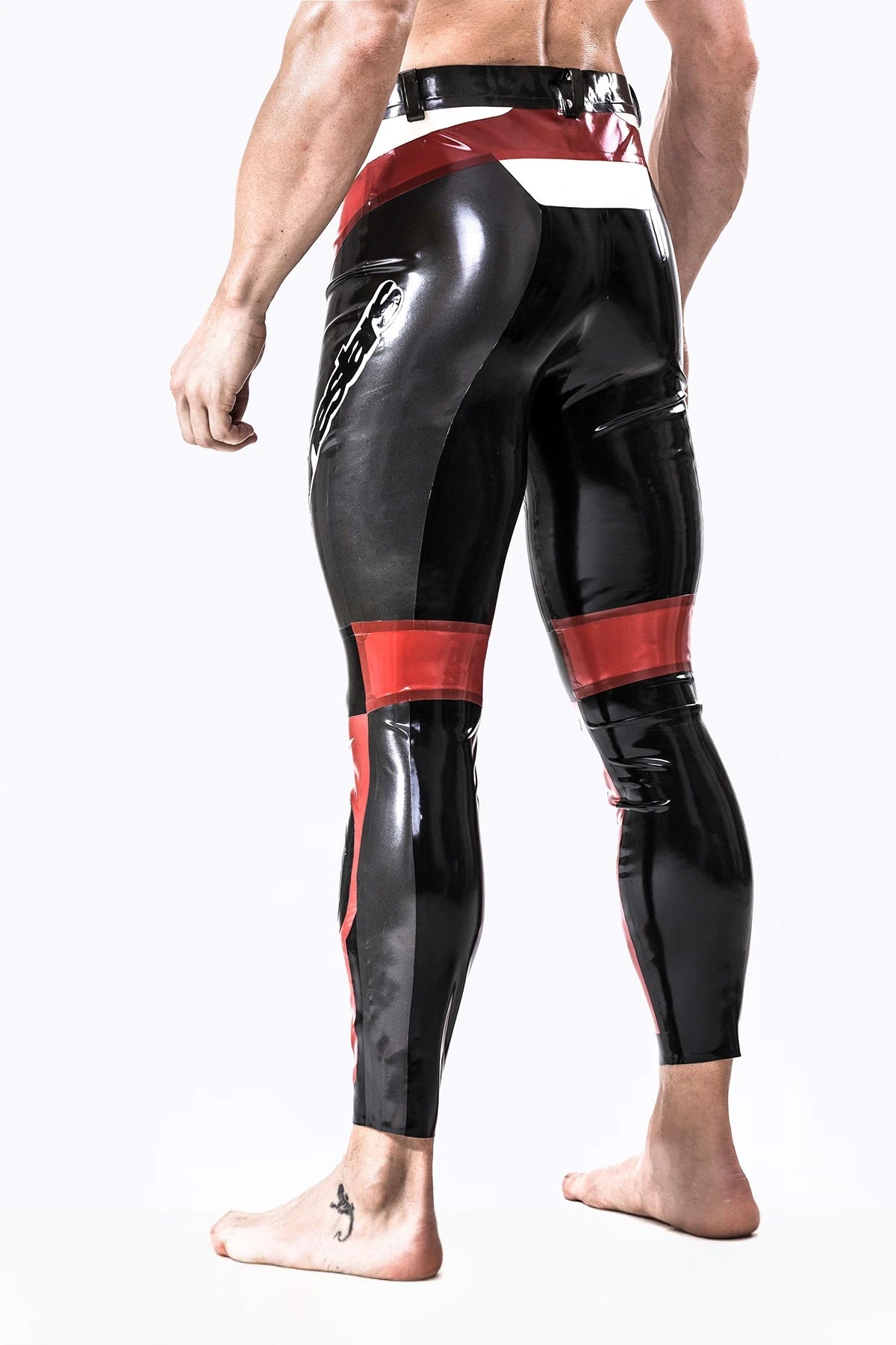 Metallic Pewter Male Latex Motorcycle Branding Pants