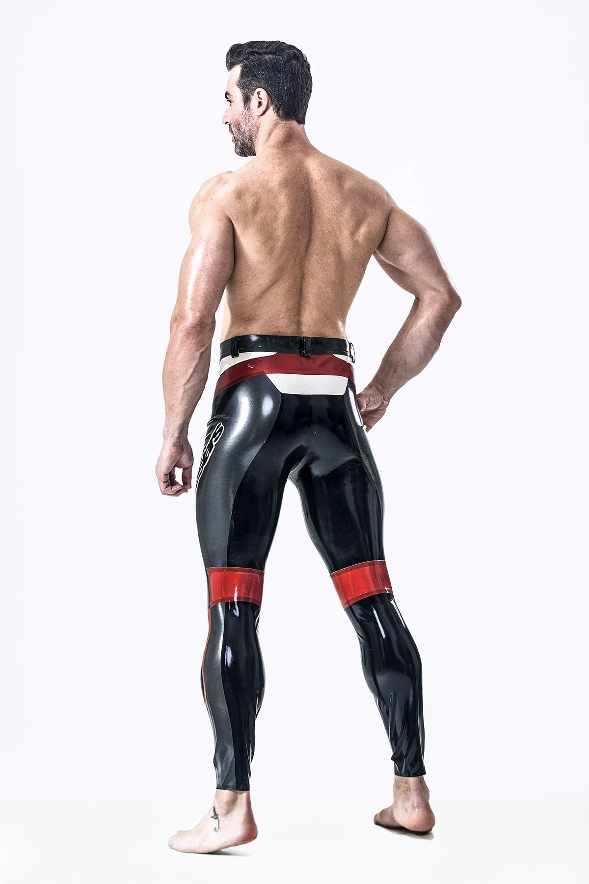 Metallic Pewter Male Latex Motorcycle Branding Pants