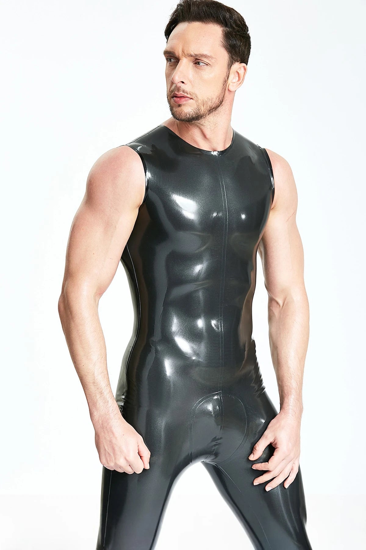 Metallic Pewter Male Classic Round-Neck Sleeveless Latex Catsuit