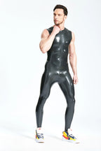 Metallic Pewter Male Classic Round-Neck Sleeveless Latex Catsuit
