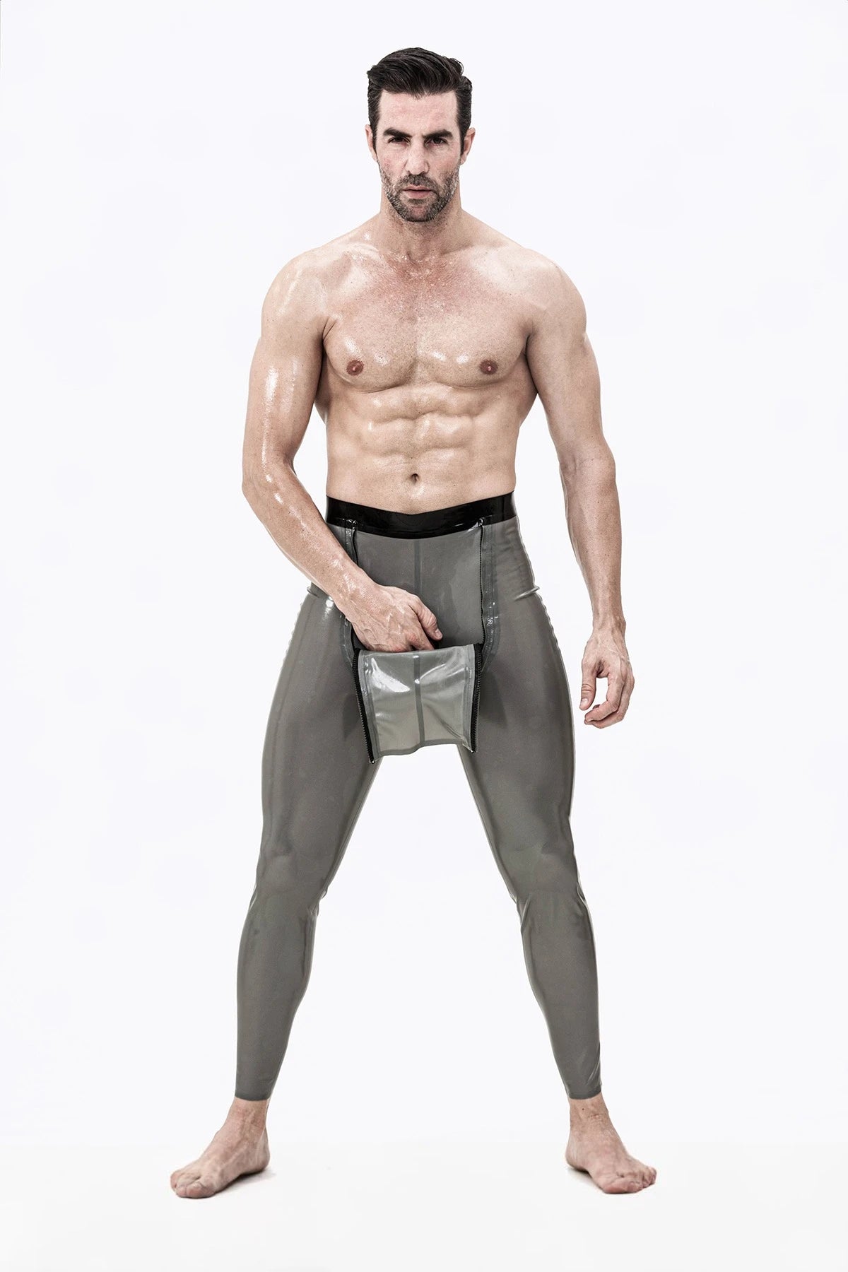Metallic Pewter Male Latex Sailor-front Leggings
