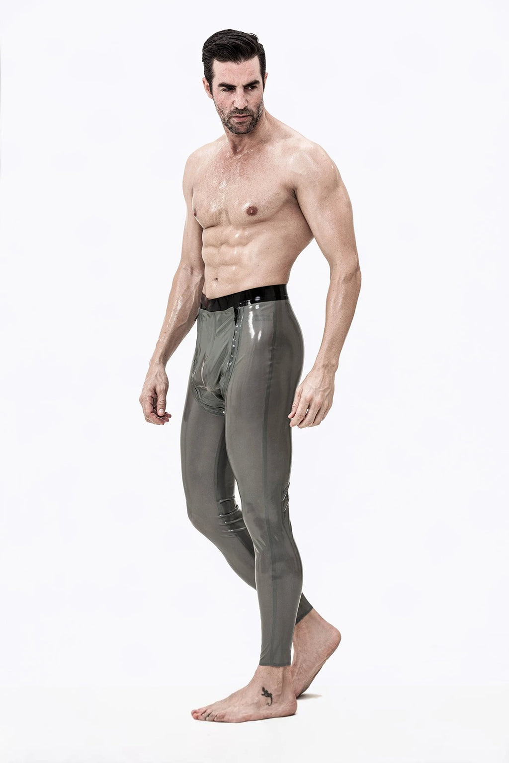 Metallic Pewter Male Latex Sailor-front Leggings