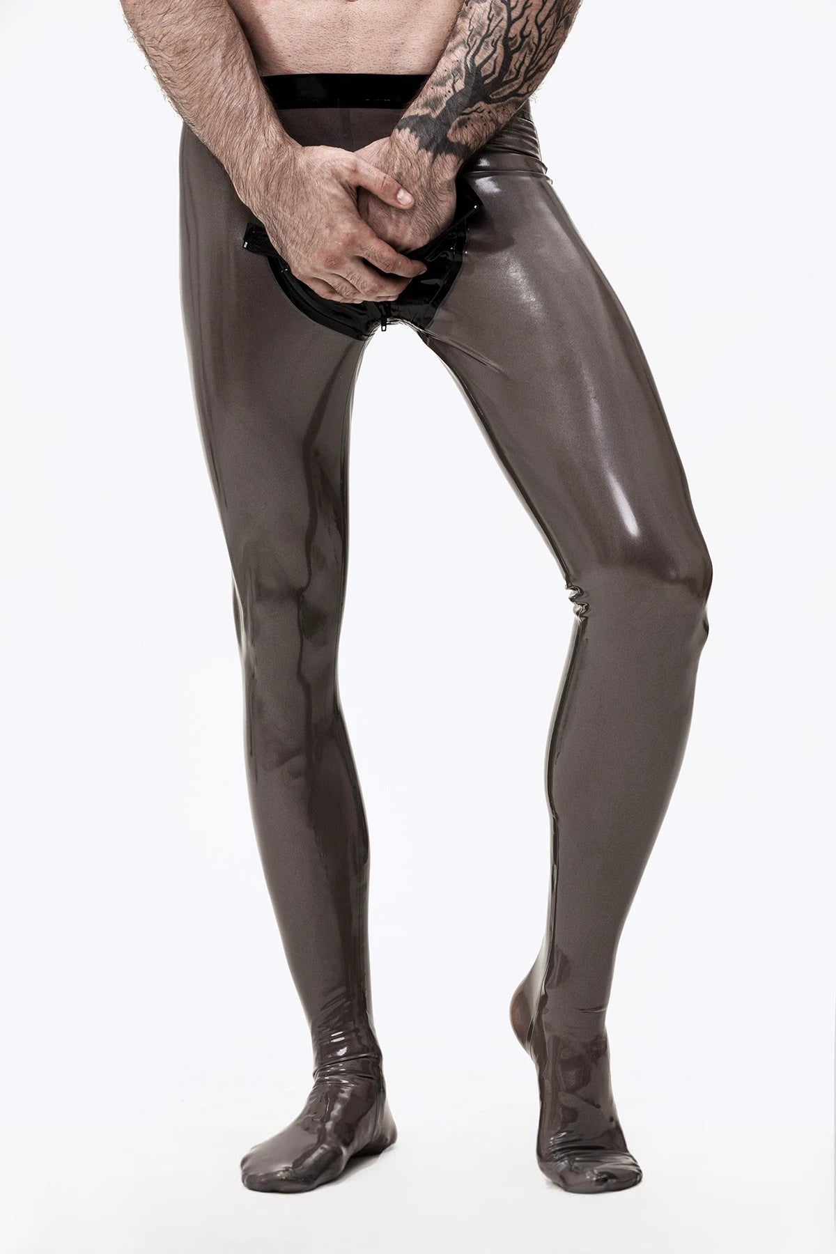 Metallic Pewter Male Transparent Latex Pouch-Front Leggings/Tights