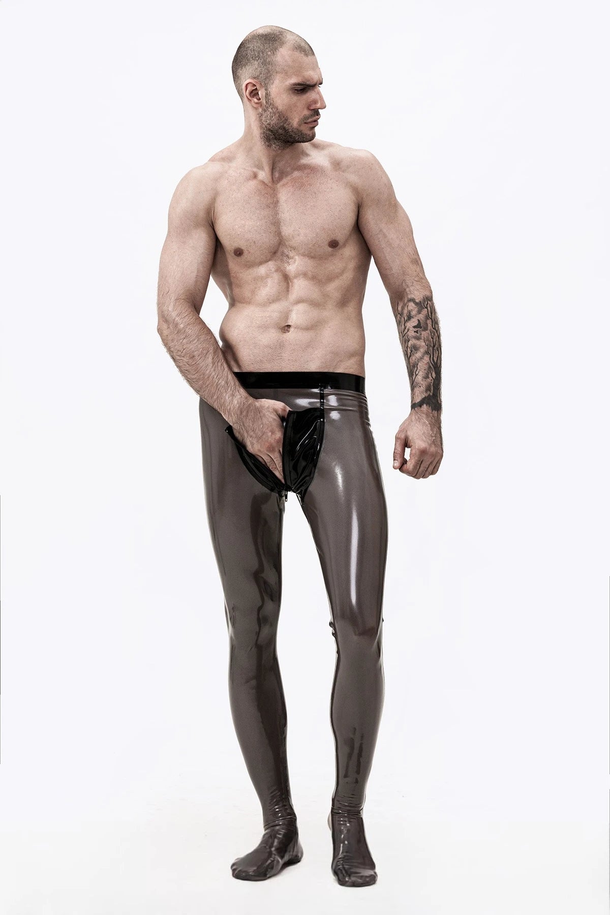 Metallic Pewter Male Transparent Latex Pouch-Front Leggings/Tights