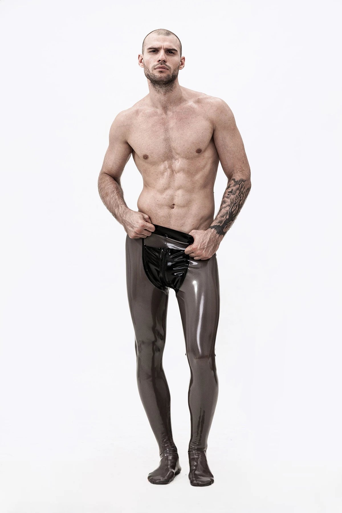 Metallic Pewter Male Transparent Latex Pouch-Front Leggings/Tights