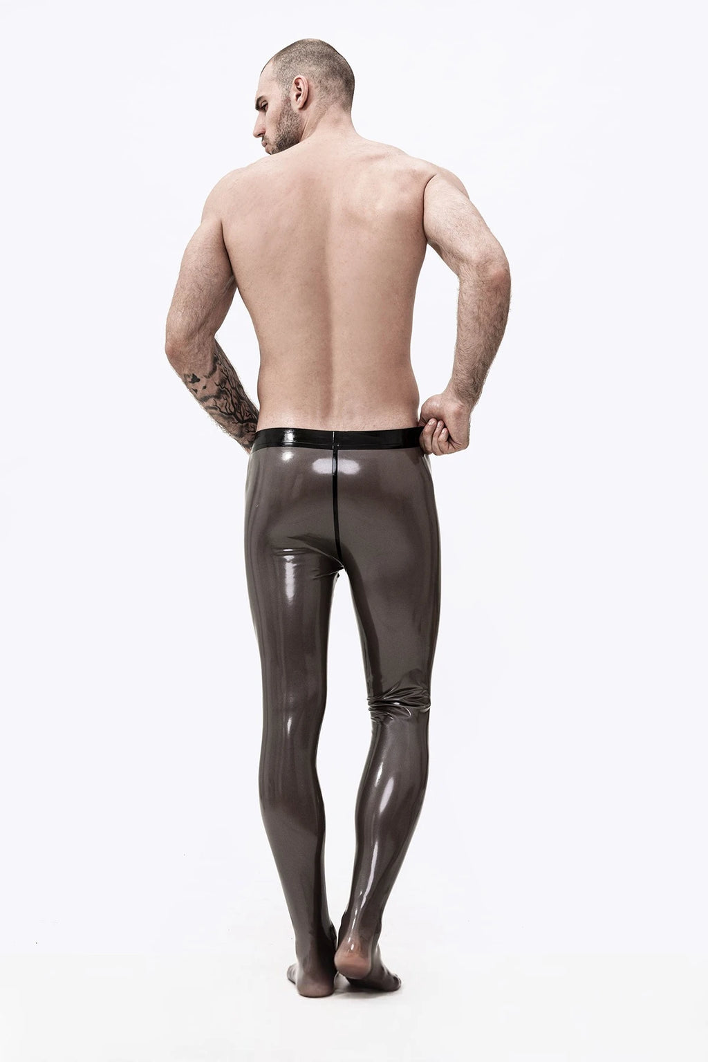 Metallic Pewter Male Transparent Latex Pouch-Front Leggings/Tights
