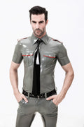Metallic Pewter Male Short Sleeves Military Uniform Latex Shirt