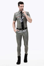 Metallic Pewter Male Short Sleeves Military Uniform Latex Shirt