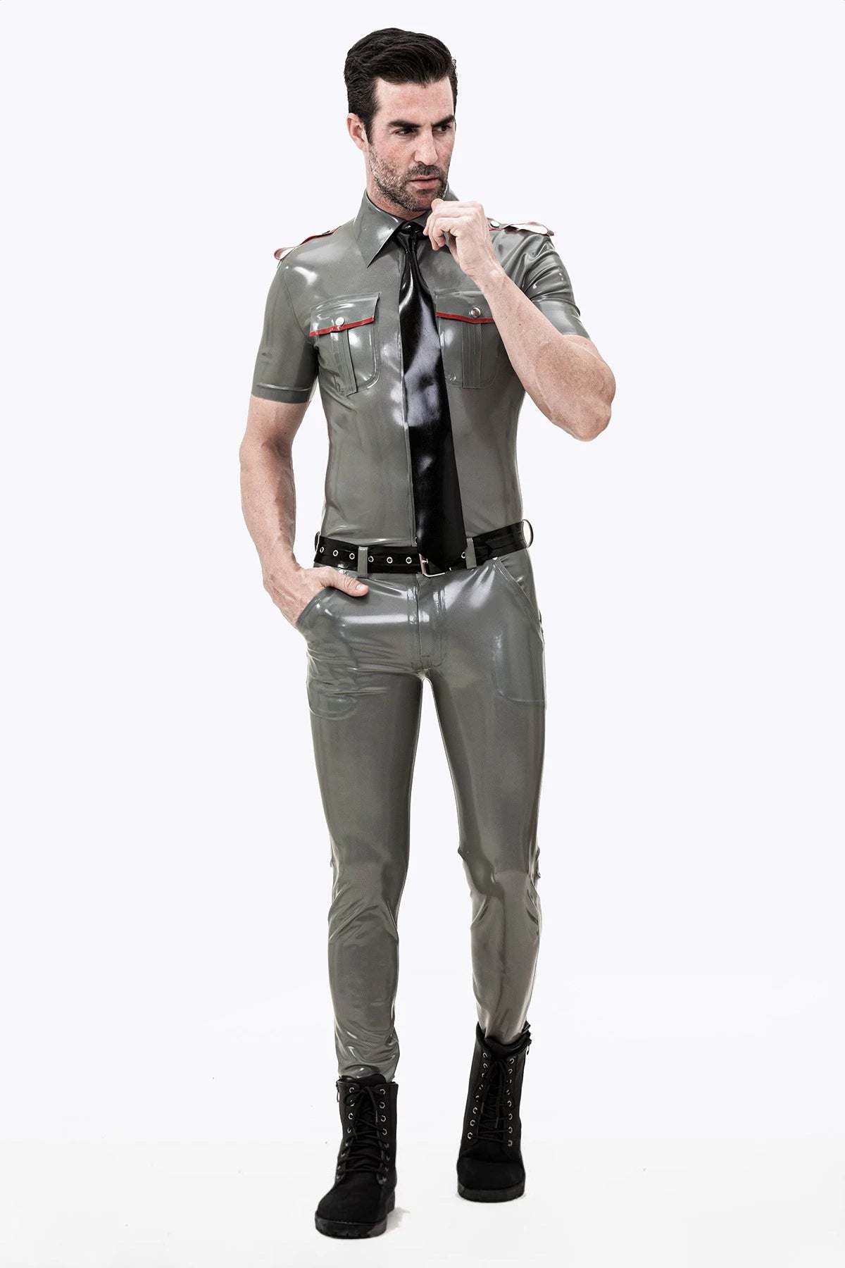 Metallic Pewter Male Short Sleeves Military Uniform Latex Shirt