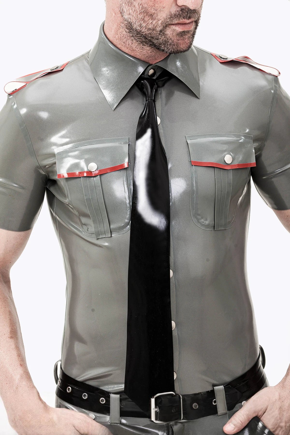Metallic Pewter Male Short Sleeves Military Uniform Latex Shirt