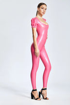 Metallic Pink Love in Pink Short-sleeved Latex Catsuit