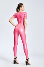 Metallic Pink Love in Pink Short-sleeved Latex Catsuit