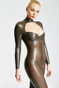 Metallic Platinum Keyhole Neckline Latex Catsuit
