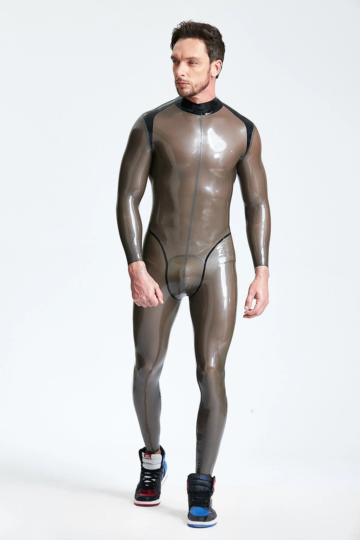 Metallic Platinum, trim color is Black Male 'Platinium' Latex Catsuit
