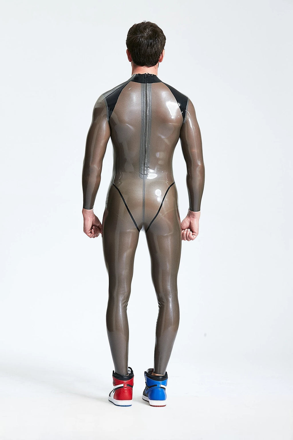 Metallic Platinum, trim color is Black Male 'Platinium' Latex Catsuit