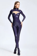Metallic Purple Fan-Shaped Bust Cut Formal Latex Catsuit
