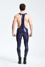 Metallic Purple, trim color is Black Male Latex 'Y' Straps Leggings