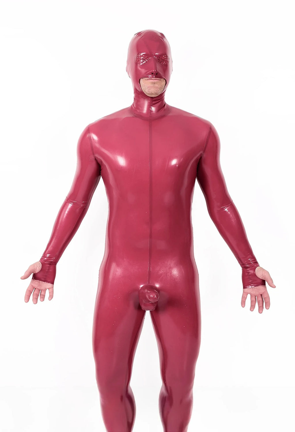 Metallic Red Male Mouth-Entry Gimp Latex Suit with Sheath