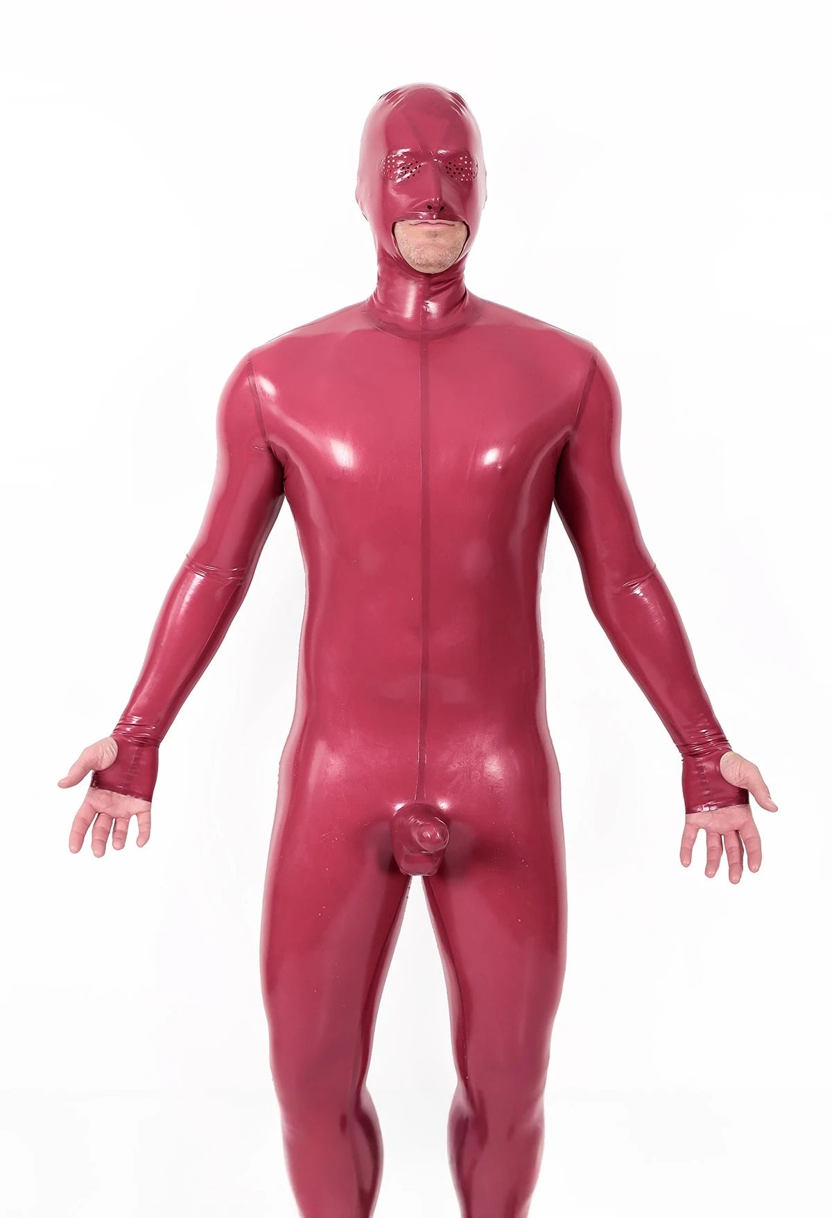 Metallic Red Male Mouth-Entry Gimp Latex Suit with Sheath