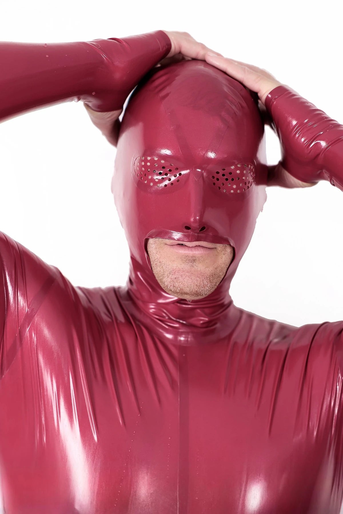 Metallic Red Male Mouth-Entry Gimp Latex Suit with Sheath