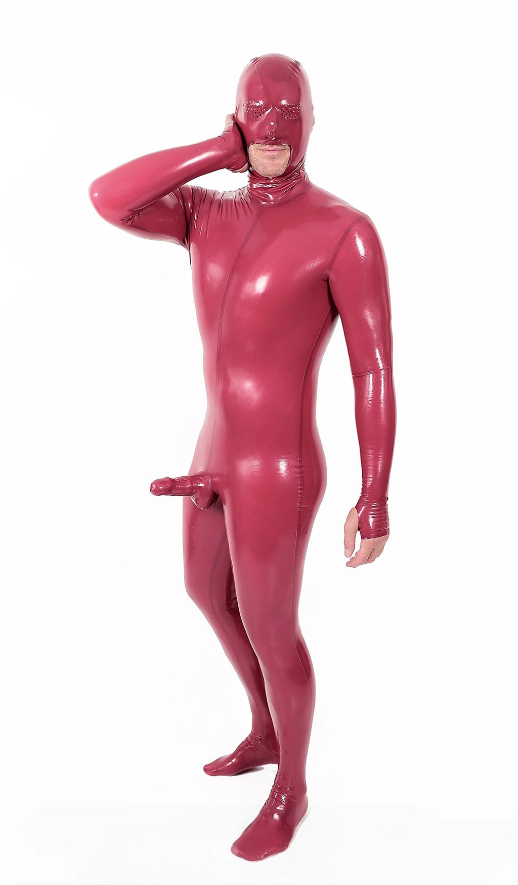 Metallic Red Male Mouth-Entry Gimp Latex Suit with Sheath