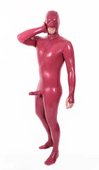 Metallic Red Male Mouth-Entry Gimp Latex Suit with Sheath