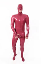 Metallic Red Male Mouth-Entry Gimp Latex Suit with Sheath
