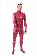 Metallic Red Male Mouth-Entry Gimp Latex Suit with Sheath