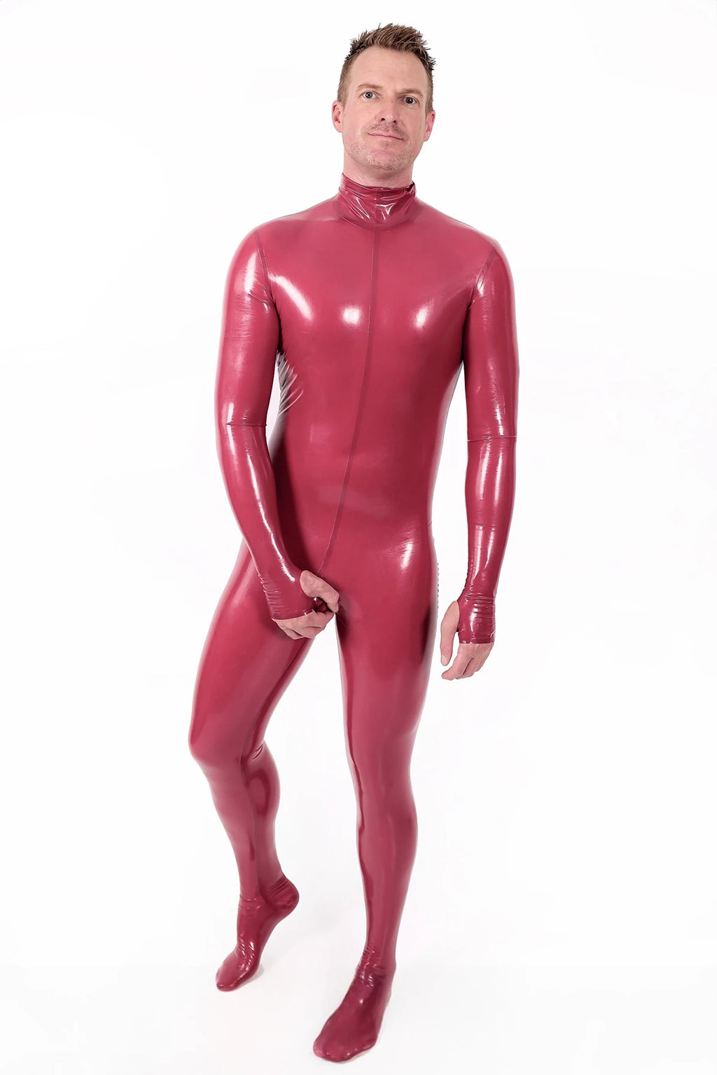Metallic Red Male Mouth-Entry Gimp Latex Suit with Sheath