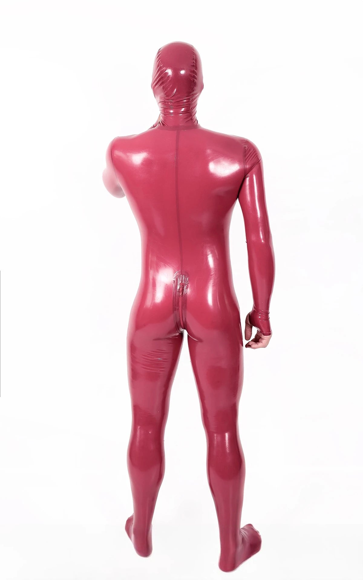 Metallic Red Male Mouth-Entry Gimp Latex Suit with Sheath