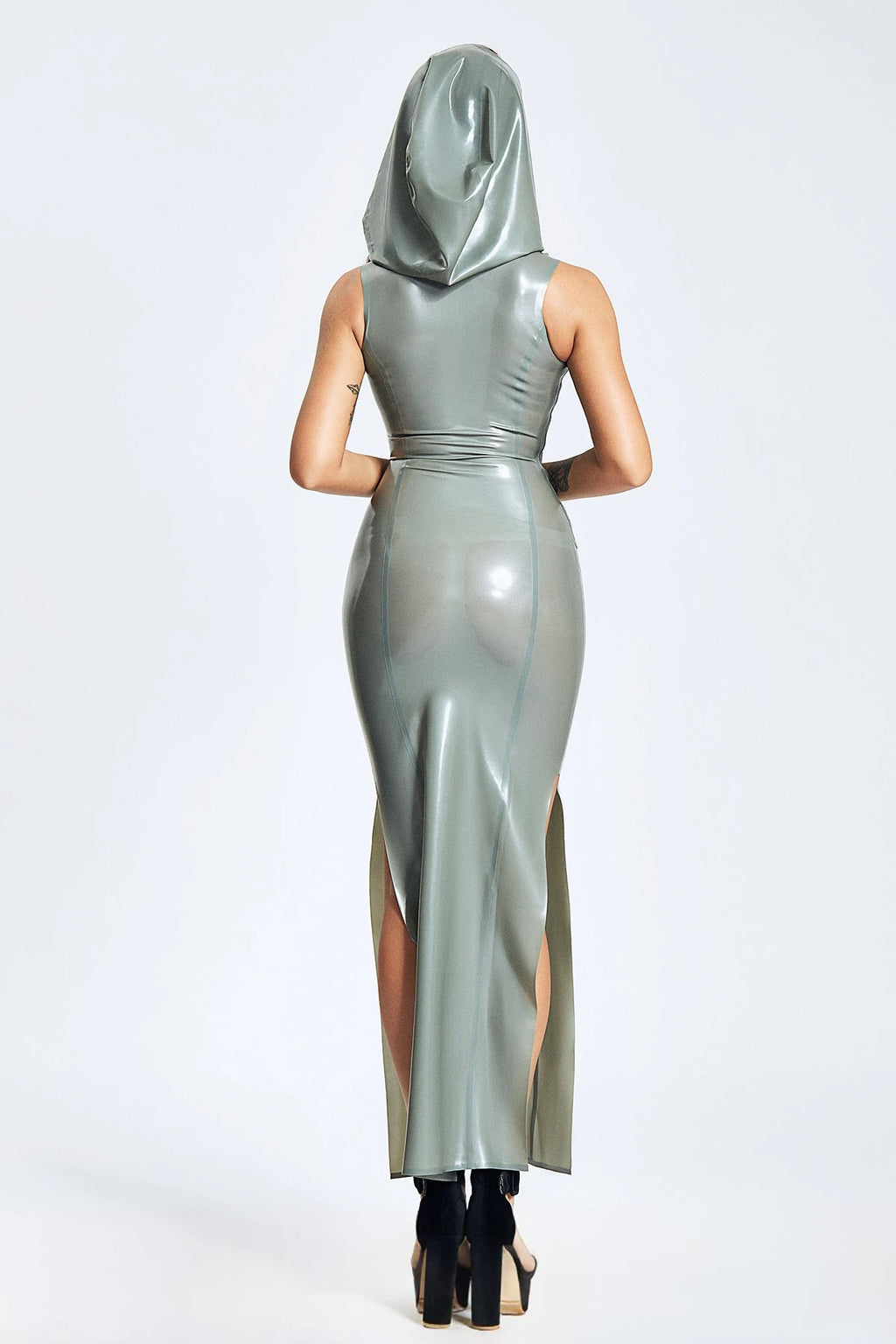 Metallic Silver Hooded Maxi Latex Dress