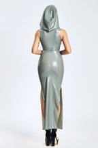 Metallic Silver Hooded Maxi Latex Dress