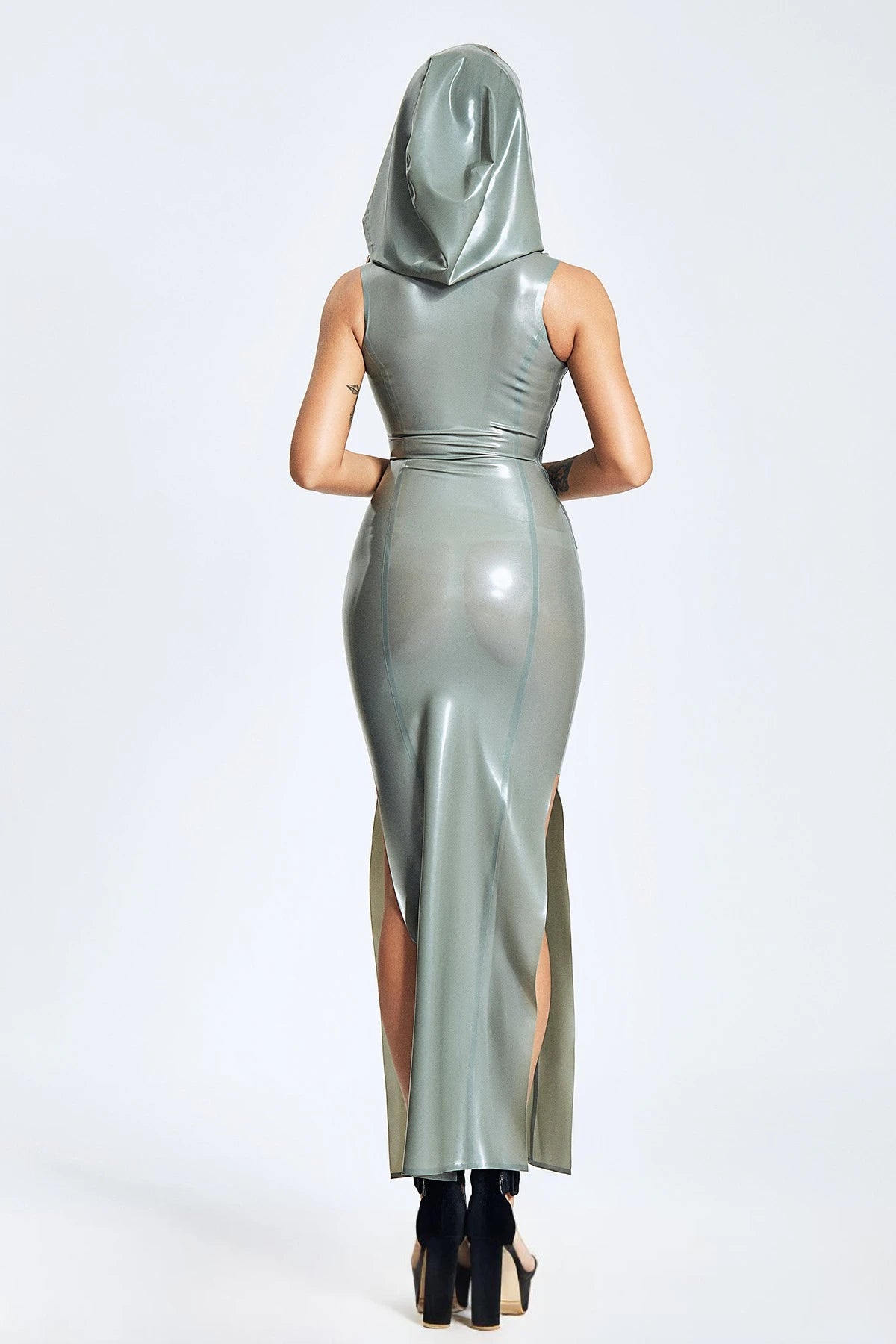 Metallic Silver Hooded Maxi Latex Dress