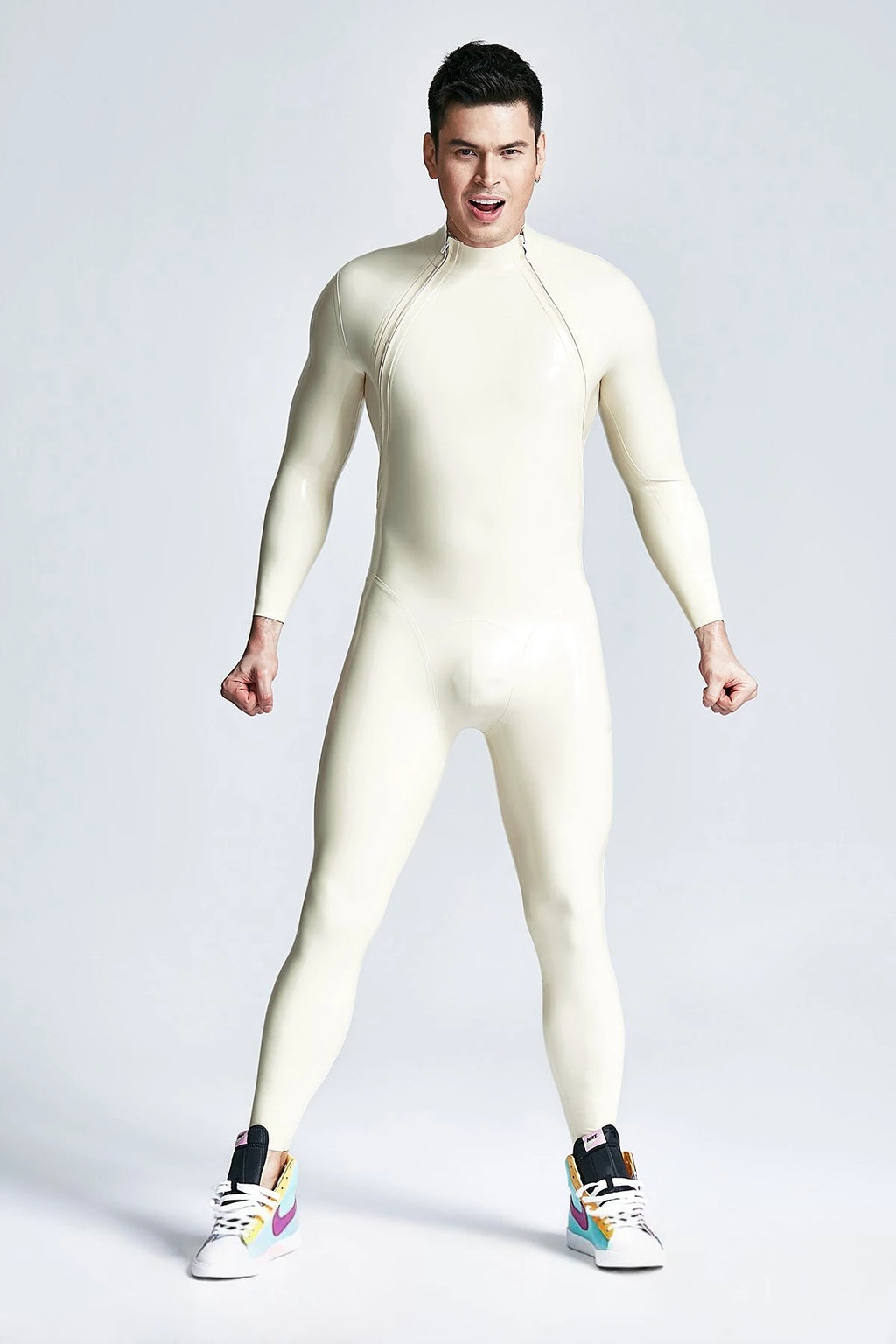 Metallic Silver & White & Metallic Gold Male Double-Diagonal Zip Latex Catsuit