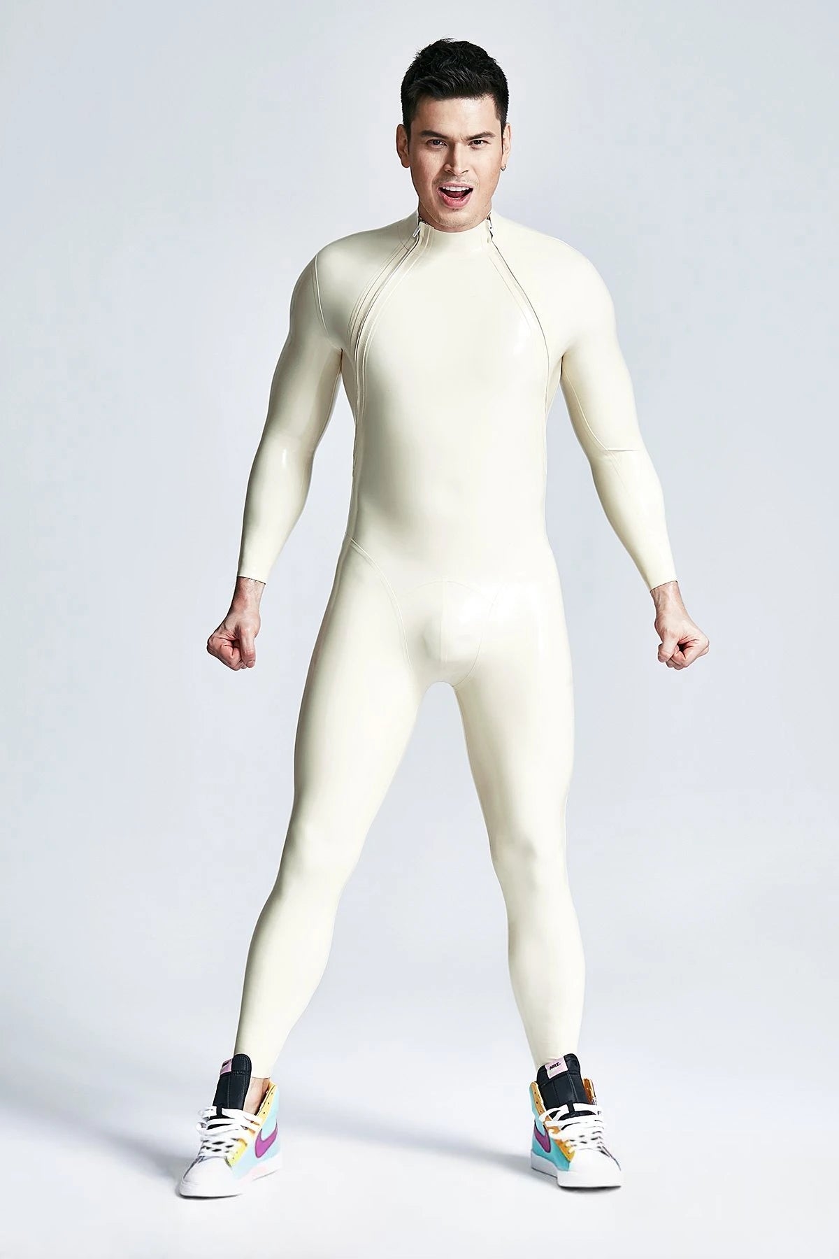 Metallic Silver & White & Metallic Gold Male Double-Diagonal Zip Latex Catsuit