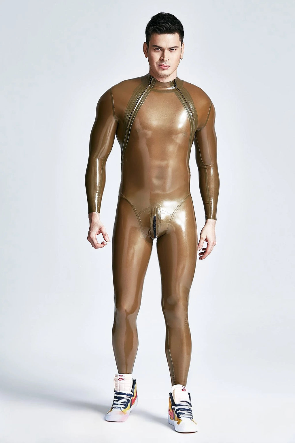 Metallic Silver & White & Metallic Gold Male Double-Diagonal Zip Latex Catsuit