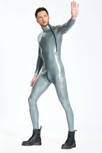 Metallic Silver & White & Metallic Gold Male Double-Diagonal Zip Latex Catsuit
