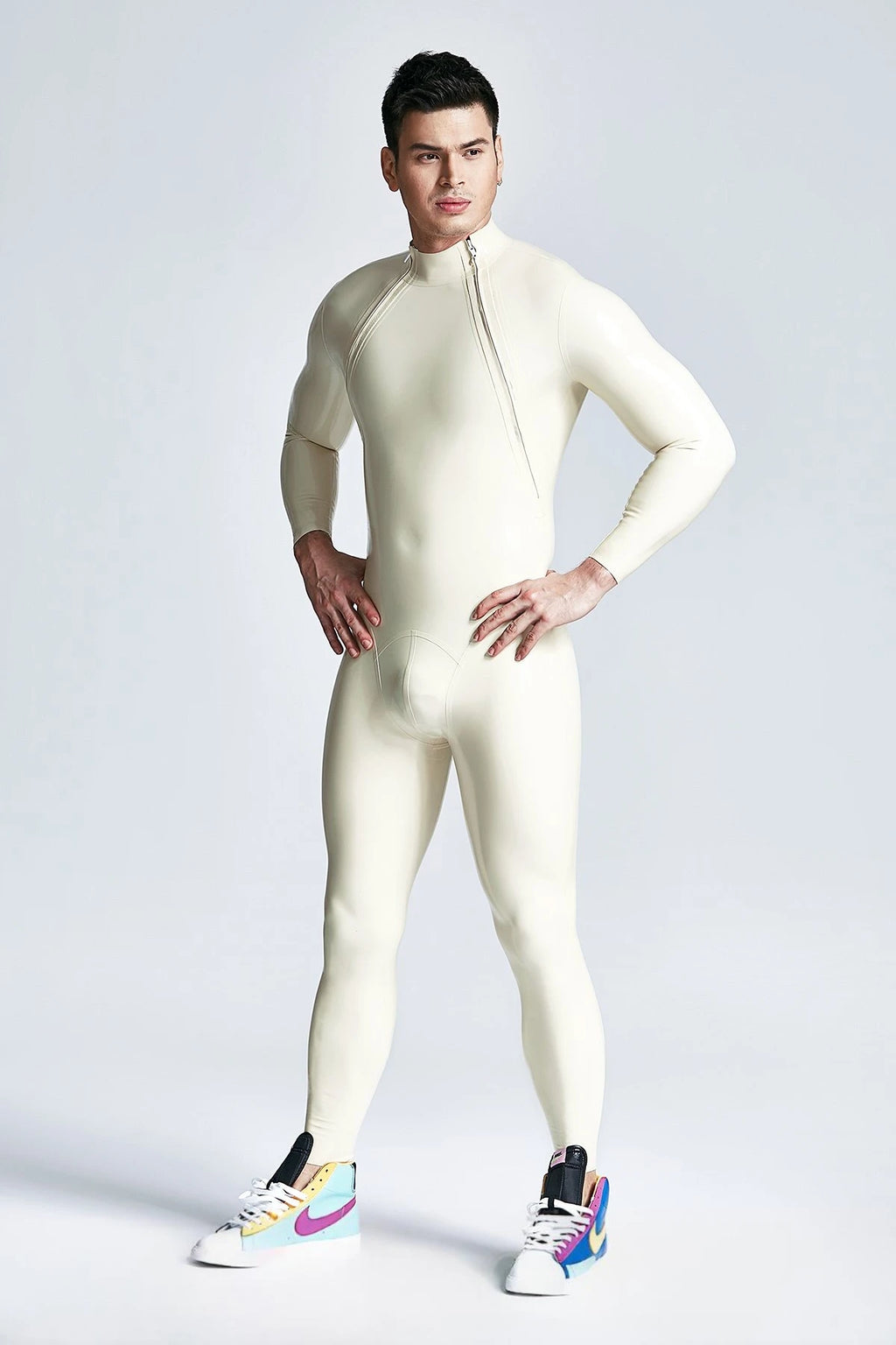 Metallic Silver & White & Metallic Gold Male Double-Diagonal Zip Latex Catsuit