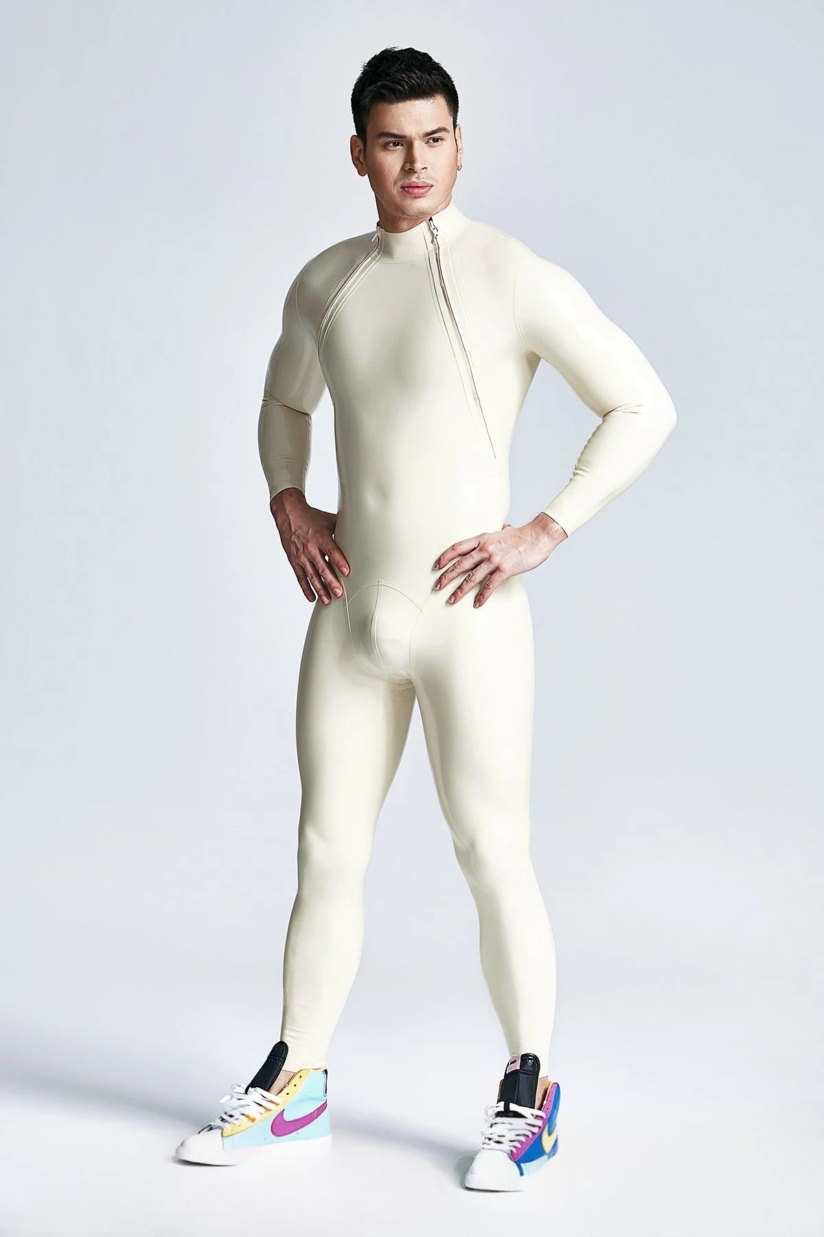 Metallic Silver & White & Metallic Gold Male Double-Diagonal Zip Latex Catsuit