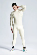 Metallic Silver & White & Metallic Gold Male Double-Diagonal Zip Latex Catsuit
