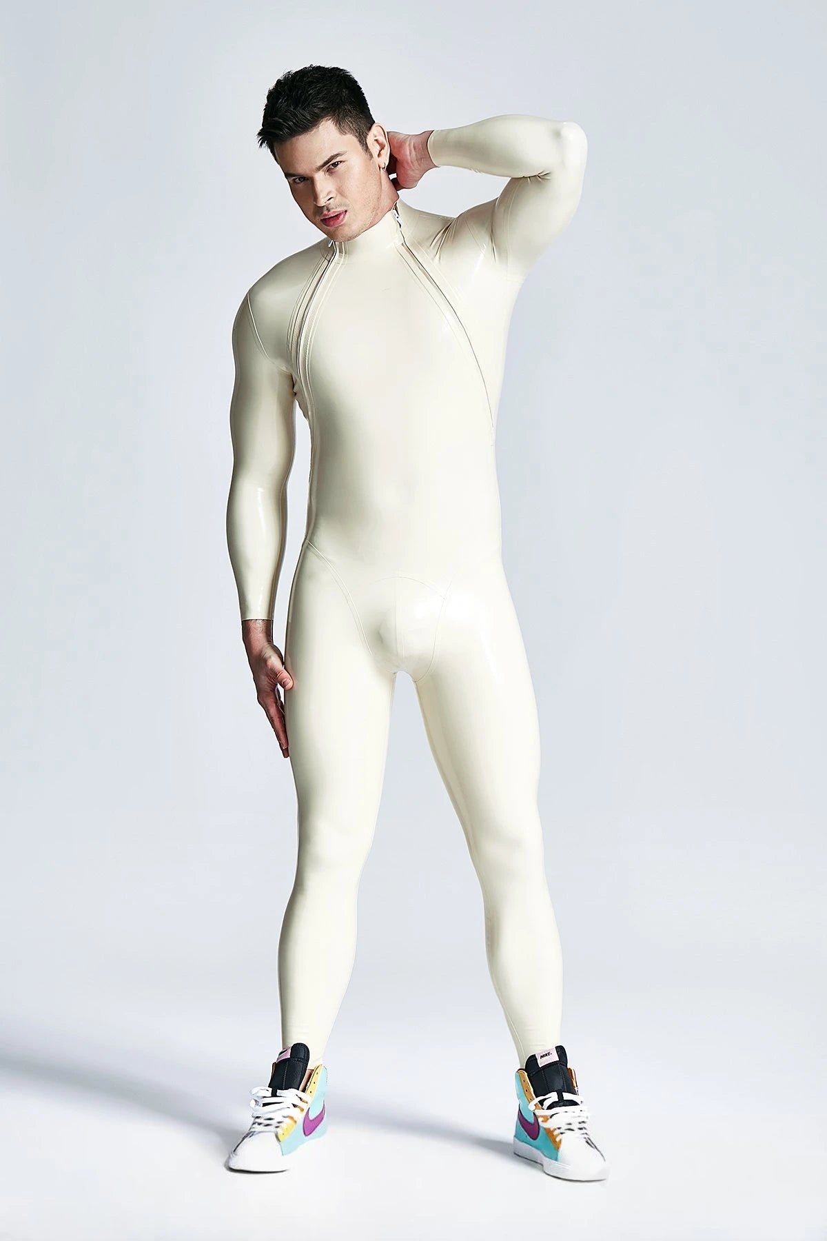 Metallic Silver & White & Metallic Gold Male Double-Diagonal Zip Latex Catsuit